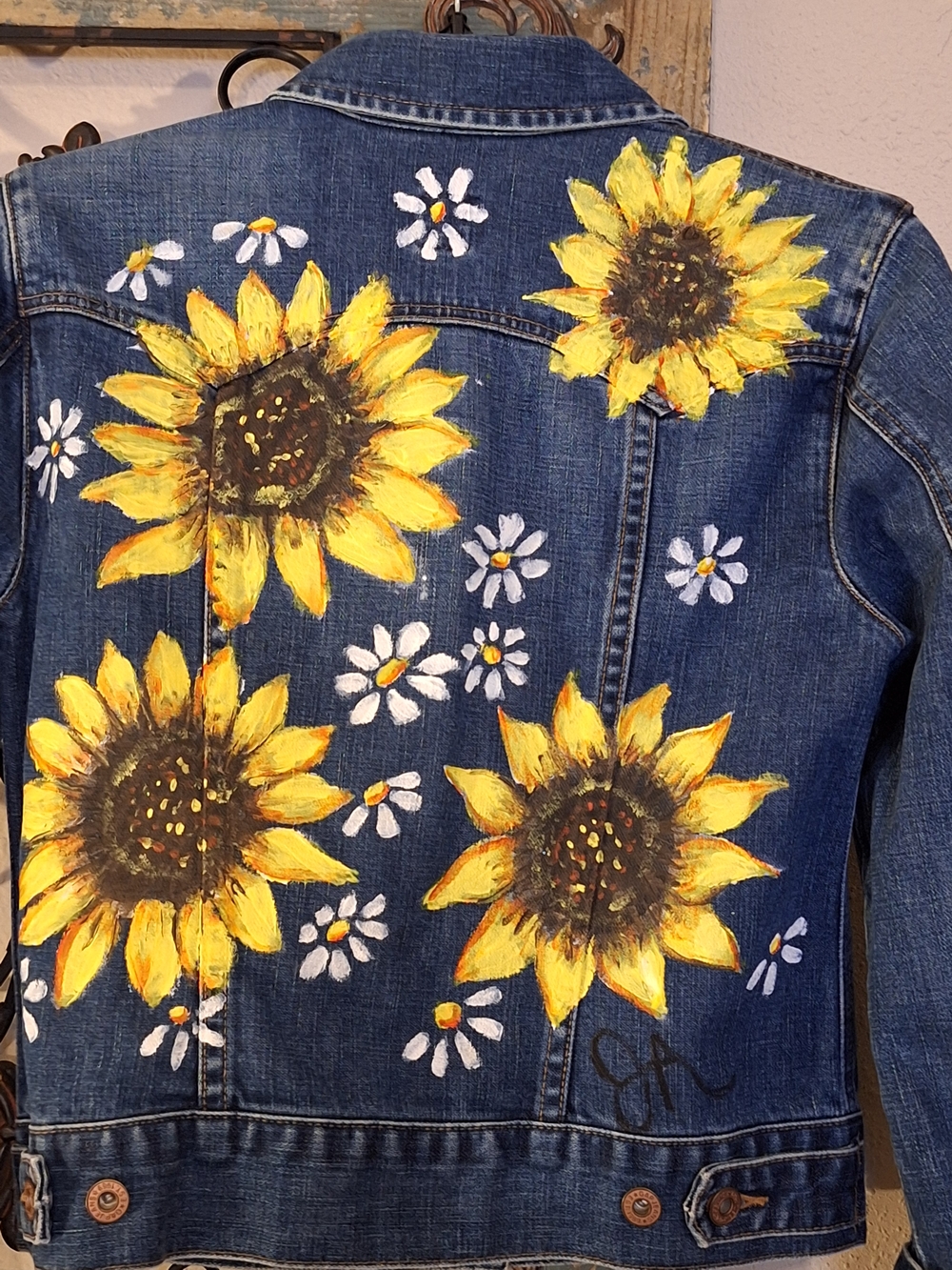 GAP Hand Painted Blue Jean Jacket W/ Yellow Hand-Painted Sunflowers Size XS - Picture 7 of 11